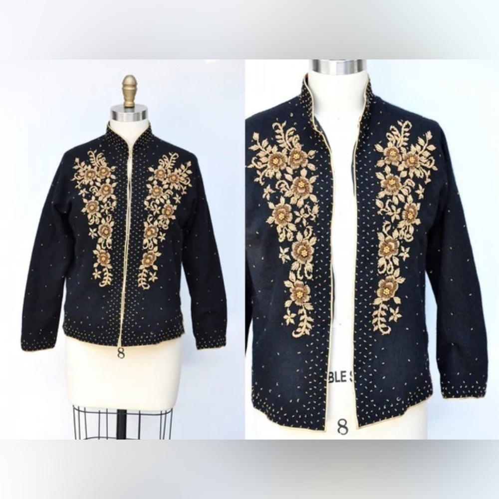 Vintage 50’s 60’s Women’s Beaded Lambs Wool Lined Cardigan Sweater Black Size